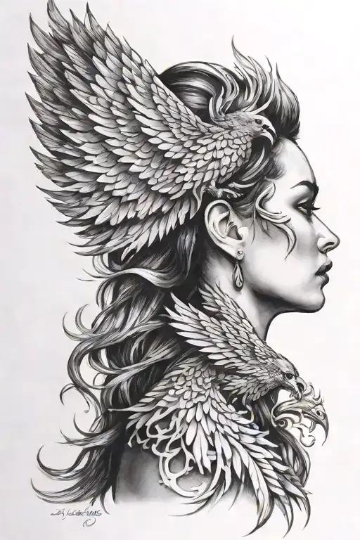 Side Face Of A Woman Combined With A Phoenix