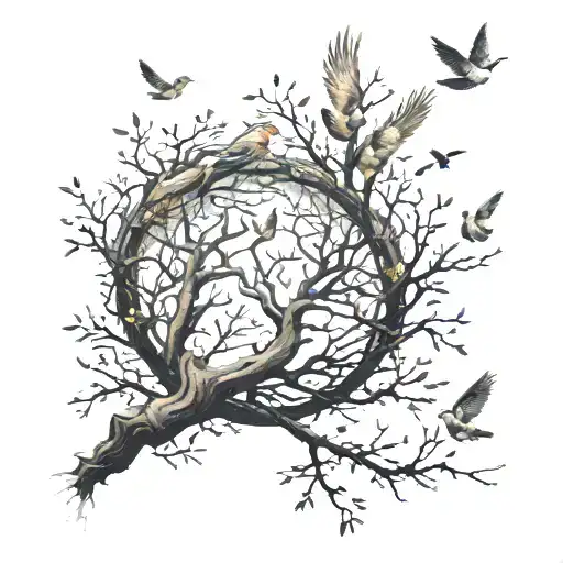 An Intricate Design Featuring Various Birds Flying Among Branches Of A Tree