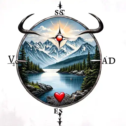 Mountains And A Lake With An Taurus And A Compass With A Heart In It