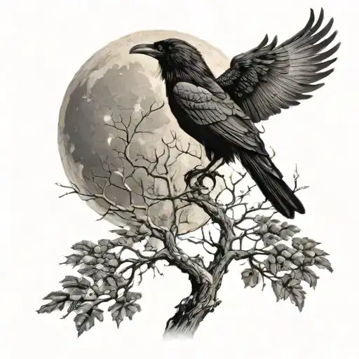 A Majestic Raven Perched On A Tall Tree With A Full Moon And Stars In The Background