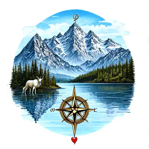 Mountains And A Lake With An Taurus And A Compass With A Heart