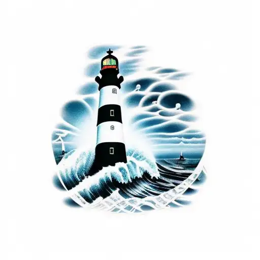 Lighthouse Upper Arm Sleeve With Waves Including Chicago Flag In The Wave All Black