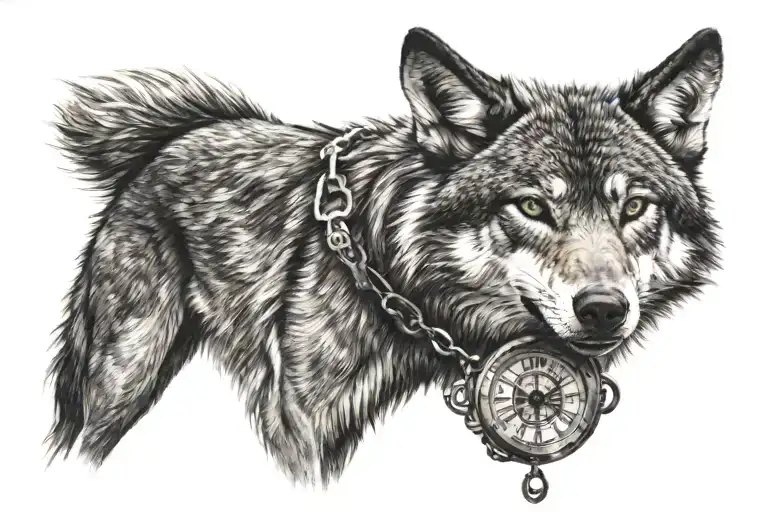 A Realistic Black And Grey Portrait Of A Wolf With A Watch Hanging From Its Collar