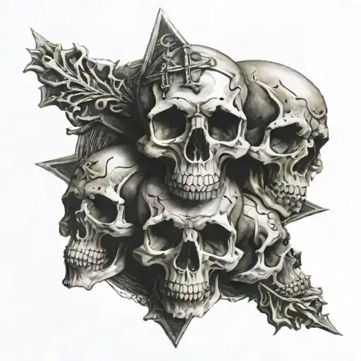 Three Skulls With A Christian Cross Behind Them