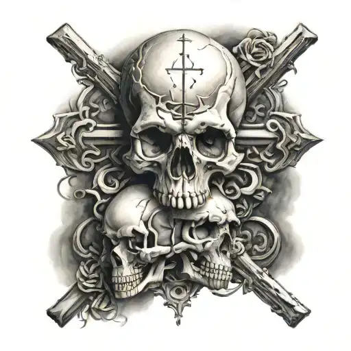 Three Skulls With A Christian Cross Behind Them