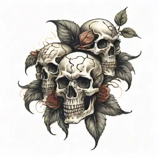Three Skulls With A Christian Cross Behind Them Roses Sprouting Around Them