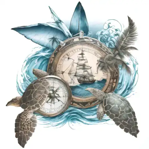 Palm Trees And Compass With Ship Sailing South And Sea Turtle In The Water