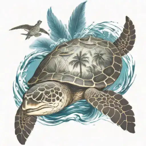 Palm Trees With Ship Sailing South And Sea Turtle In The Water