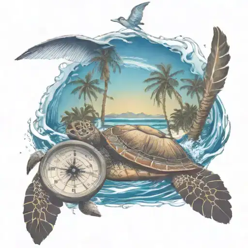 Palm Trees With Compass Pointing South And Sea Turtle In The Water
