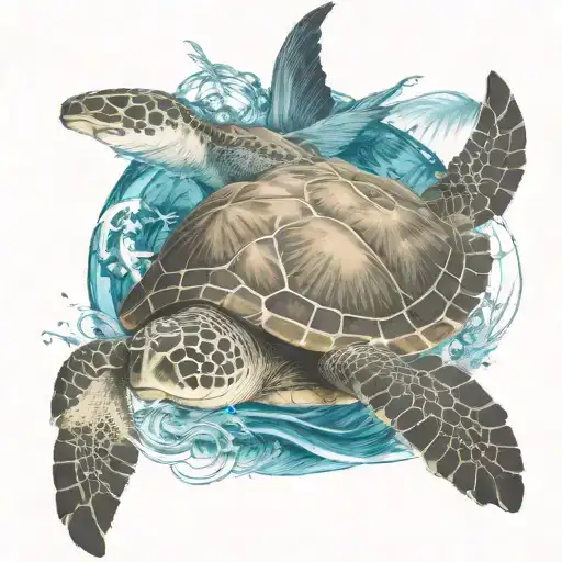 Palm Trees With Compass Pointing South And Sea Turtle Swimming In The Sea Water