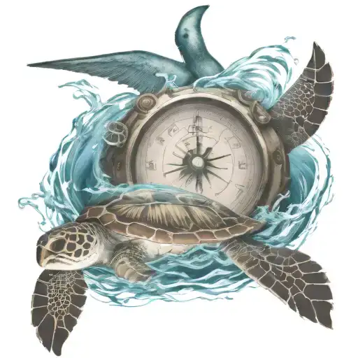 Bahamas Palm Trees With Compass Pointing South And Sea Turtle Swimming In The Sea Water