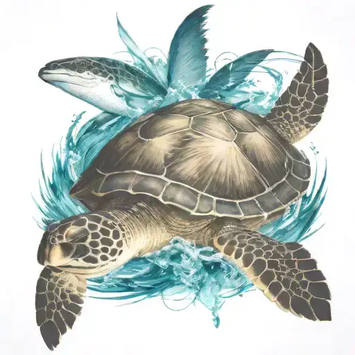 Bahamas Palm Trees With Compass Pointing South And Sea Turtle In The Water