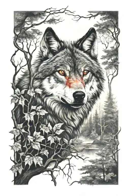 Wolf With The Red Eyes In The Forest Scene