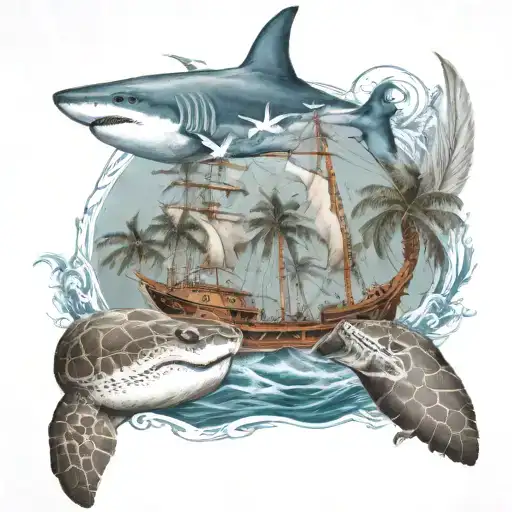 Palm Trees With Ship Sailing And A Shark Swimming With Sea Turtle