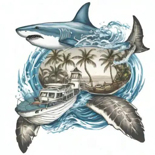 Palm Trees With Boat Sailing And A Shark Swimming With Sea Turtle In The Water