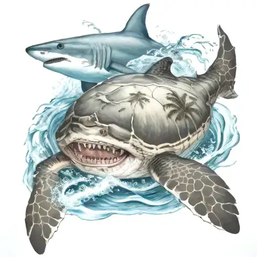 Boat Sailing South With Palm Trees And A Shark Swimming With Sea Turtle In The Water