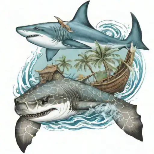 Boat Sailing With Tropical Palm Trees And A Shark Swimming With Sea Turtle In The Water