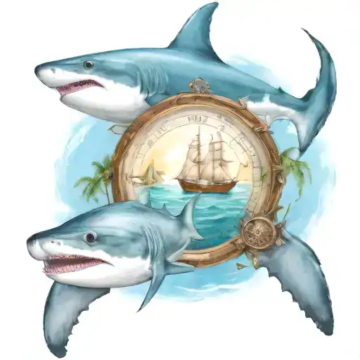 A Boat In The Bahamas With Palm Trees And A Shark And A Turtle Swimming With A Compass To Guide Them