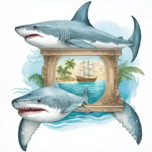 A Boat In The Bahamas With Palm Trees And A Shark And A Turtle Swimming In The Water