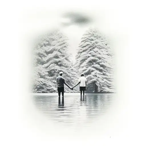 Father And Son Standing Infront Of A Lake Looking At The Water Holding Hands