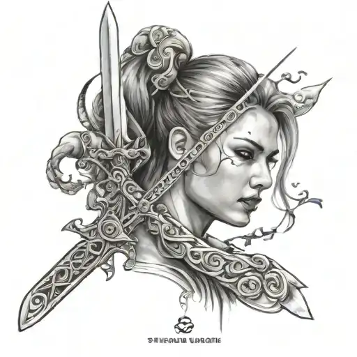 A Woman Holding A Sword Tattoo Design Combining Elements