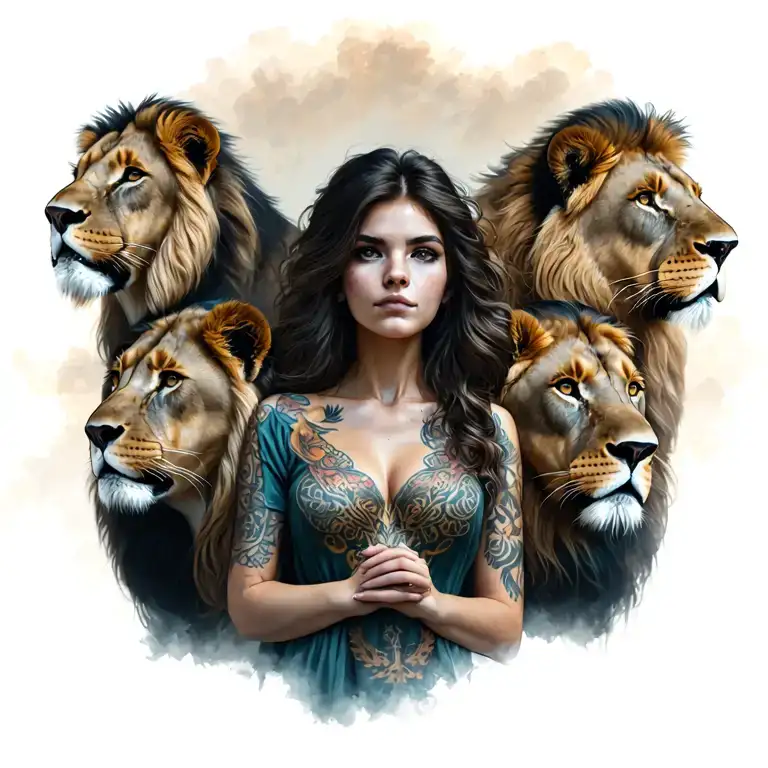 Girl Surrounded By 3 Lions Protecting Her