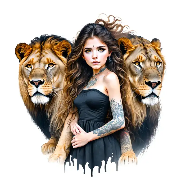 Girl Surrounded By Lions Protecting Her