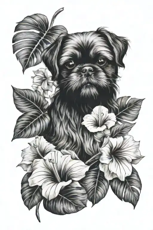 Black Shih Tzu With Monstera And Hibiscus Flower In Background