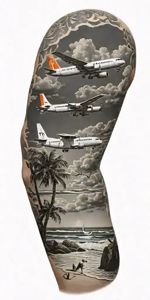 Beach Scene With A Plane Flying In The Background