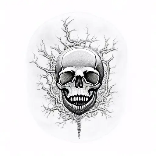 Skull With Hourglass Between Its Teeth And A Tree Of Life Rooting From The Above Of The Skull