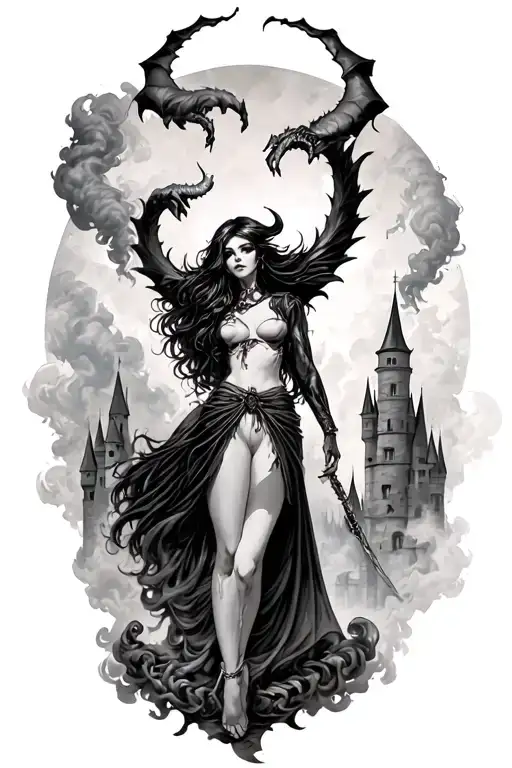 Anarchy A And Castle Surrounded With Demon Girl And Smoke With Light Shading