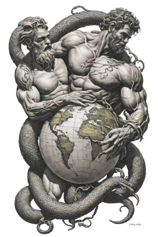 Atlas And Hercules Holdng World With Snake Intertwined