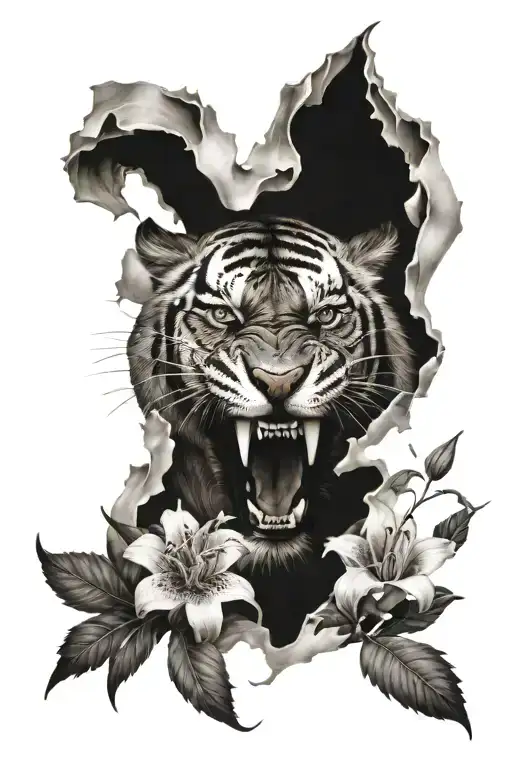 Saber Tooth Tiger Roaring Looking Directly Straight Surrounded By A Lili Flowers