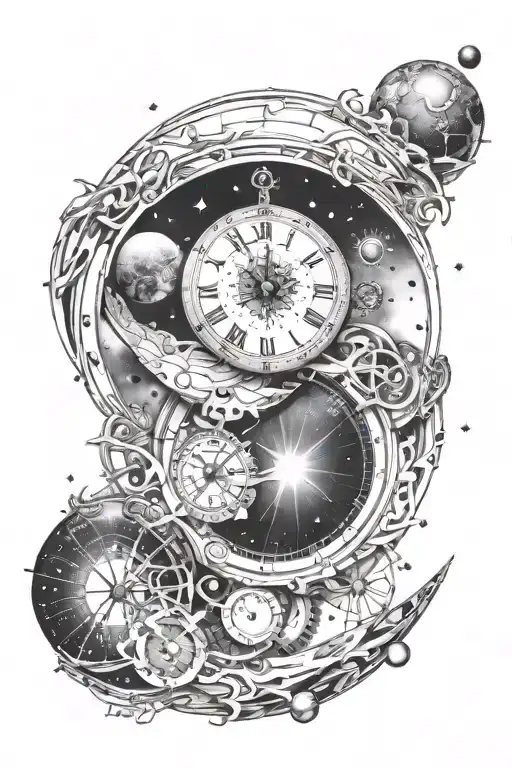 A Tattoo Design Featuring The Concept Of Time With Inspiration Drawn From Space And Galaxies