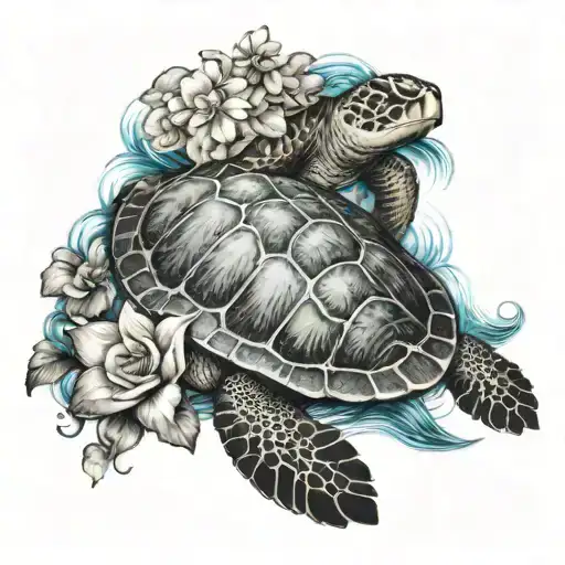 Sea Turtle Sleeve Tattoo In Ocean With Flowers