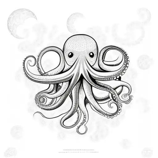 Octopus Pushing Up Young Phoenix Into Sky Through Cherry Blossom On A Full Moon