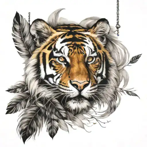 Tiger With Feathers Hanging Dangling
