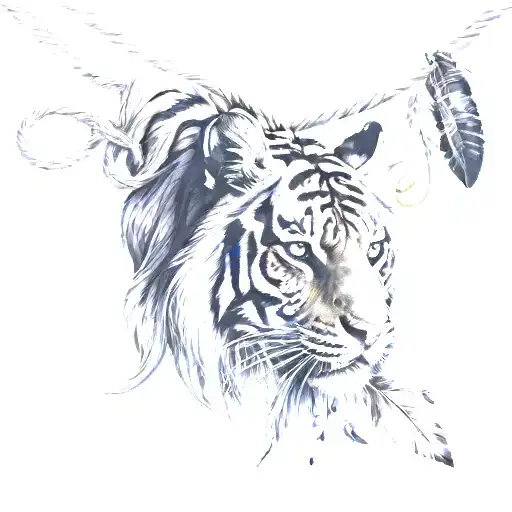 Tiger With Feathers On Strings Hanging Upside
