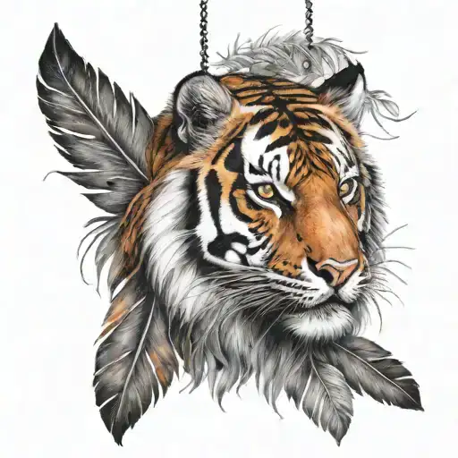 Tiger With Feathers On Strings Hanging