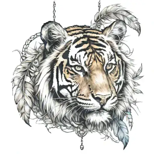 Tiger With Feathers On Strings Hanging