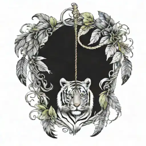 Tiger With Feathers On Strings Hanging