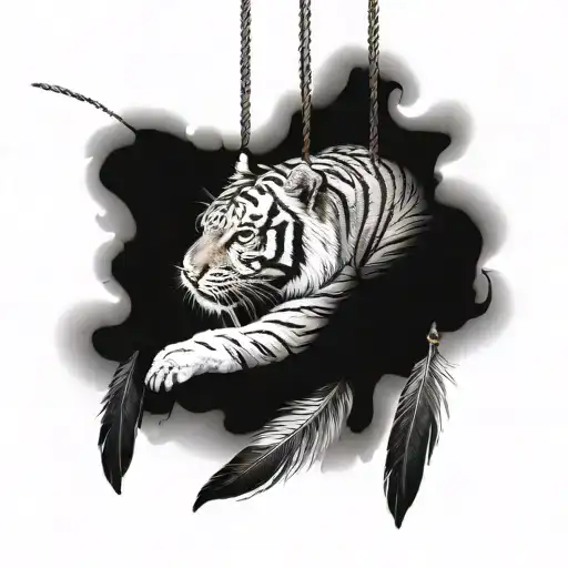 Tiger With Long Feathers On Strings Hanging