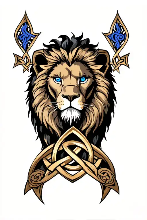 Lion With Blue Eyes On Armor Tattoo Design Featuring Celtic Trinity Knot