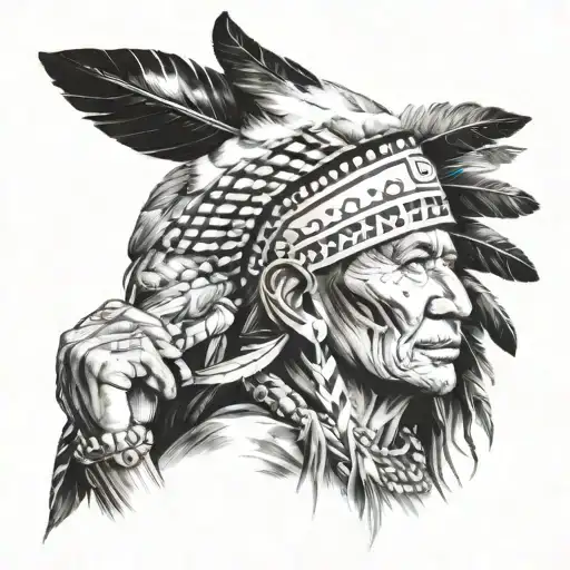 Full Body Native American Playing Flute With Feathers On Head