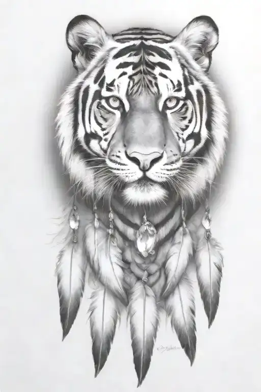 Tiger With Feathers Dangling Jems And Crystals