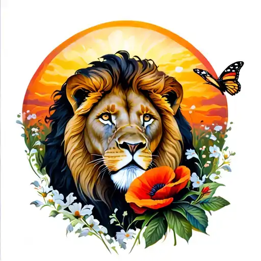 Sun Behind A Lion With A Poppy And A Butterfly Resting