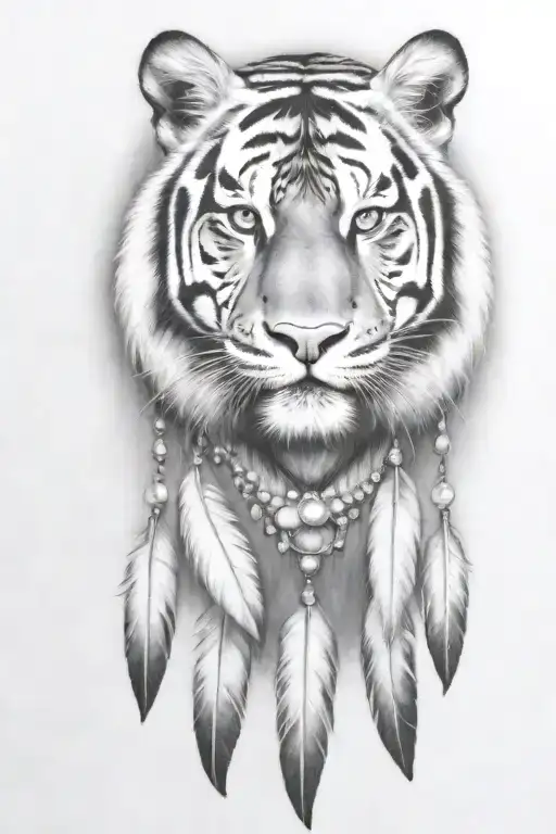 Tiger With Feathers Dangling Jems And Crystals