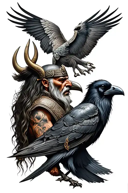 Old Viking And Raven With A