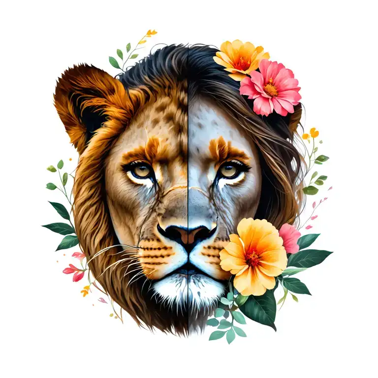 A Woman With Half The Face Of Lioness And Flowers Around