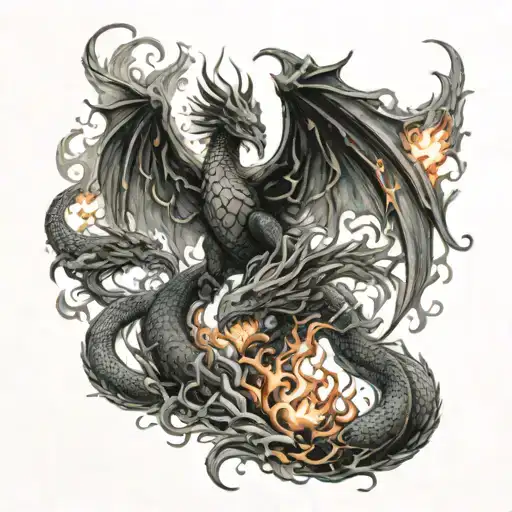 Dragon And Phoenix Rising From Flames Coming Together